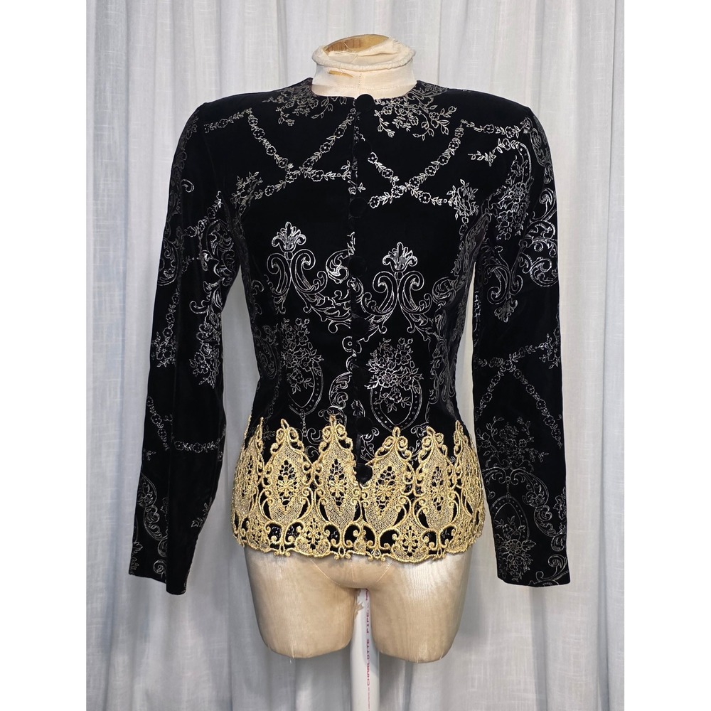 Scott McClintock Vintage Black Velvet Silver Damask Gold Lace Trim Top 4 USA